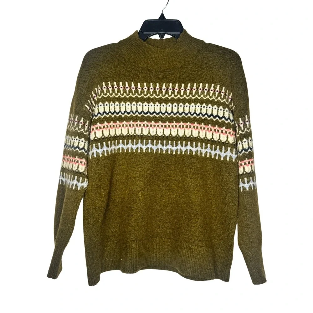 Fat Face‎ Womens Olive Green Fair Isle Multi Print Sweater Sz 10 Mockneck